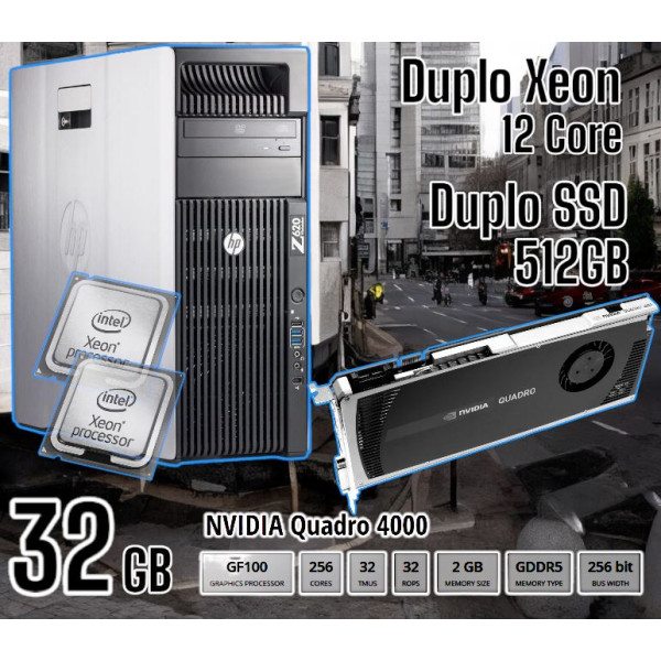 WST HP Z620 DUPLO XEON E5-2640 32GB DUPLO SSD 512GB NVIDIA QUADRO 4000 W PRO